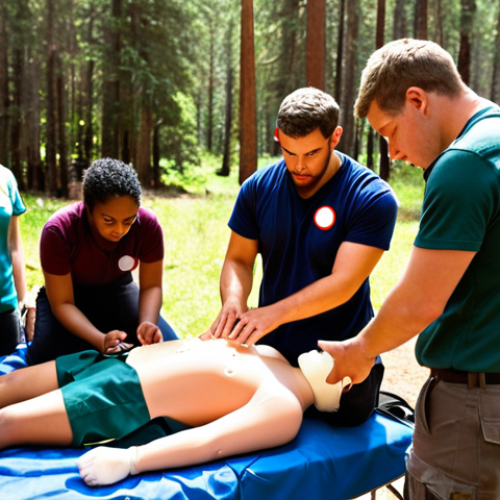 **A group of diverse young adults participating in a wilderness first aid training session. Focus on the instructor demonstrating CPR on a dummy, with other participants attentively watching and practicing bandaging techniques. The setting is a sunny outdoor environment near a campsite.** (This visualizes the "Background Checks and Staff Training" and "Emergency Response Planning" sections, highlighting first aid/CPR training)