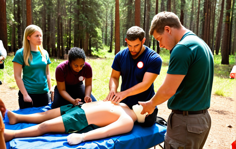 **A group of diverse young adults participating in a wilderness first aid training session. Focus on the instructor demonstrating CPR on a dummy, with other participants attentively watching and practicing bandaging techniques. The setting is a sunny outdoor environment near a campsite.** (This visualizes the "Background Checks and Staff Training" and "Emergency Response Planning" sections, highlighting first aid/CPR training)