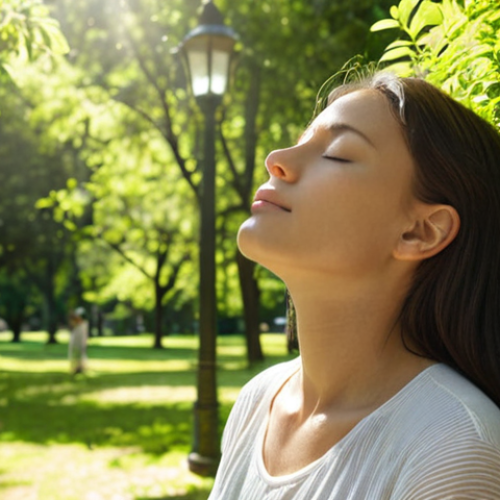 A person mindfully listening in a sun-dappled park, eyes closed, focusing on the natural sounds, surrounded by lush greenery. The scene evokes tranquility and enhanced focus.