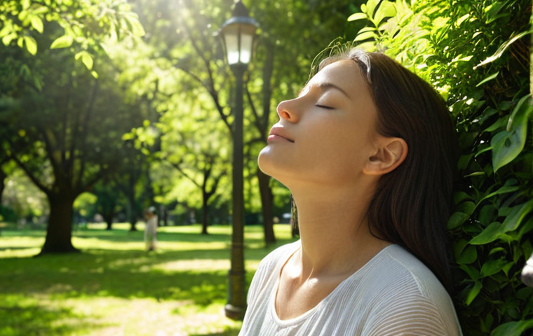 A person mindfully listening in a sun-dappled park, eyes closed, focusing on the natural sounds, surrounded by lush greenery. The scene evokes tranquility and enhanced focus.