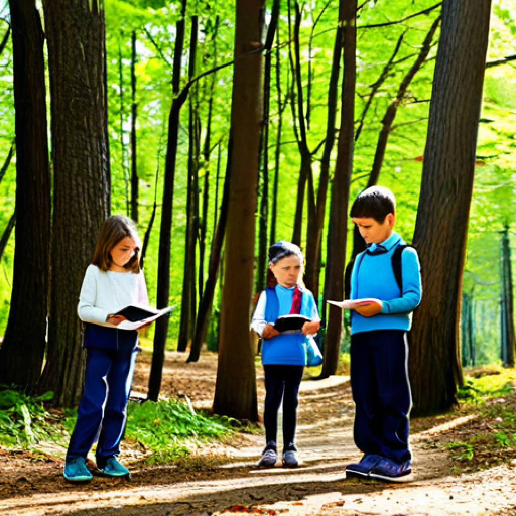 Nature Walk Sketching**
"A group of elementary school students on a nature walk in a sun-dappled forest, fully clothed in appropriate attire, sketching leaves and trees in their notebooks, safe for work, correct proportions, natural pose, family-friendly, detailed observation, soft lighting, professional illustration."
**