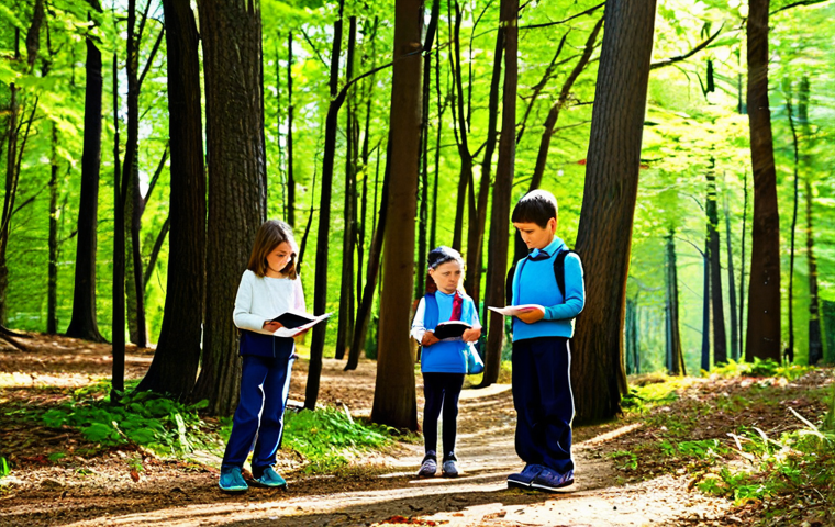 Nature Walk Sketching**
"A group of elementary school students on a nature walk in a sun-dappled forest, fully clothed in appropriate attire, sketching leaves and trees in their notebooks, safe for work, correct proportions, natural pose, family-friendly, detailed observation, soft lighting, professional illustration."
**
