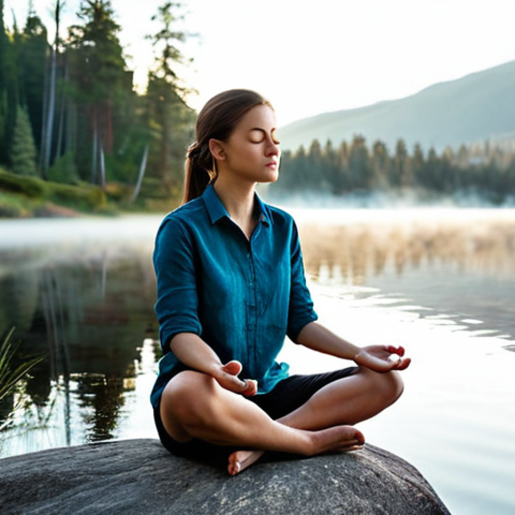 Serene Lakeside Meditation**
A young woman in comfortable, modest clothing, sits cross-legged on a smooth rock by a calm lake at sunrise, fully clothed, appropriate attire, safe for work. Mist hangs lightly over the water. She is meditating with eyes closed, a peaceful expression on her face. The background features pine trees and soft morning light. Perfect anatomy, correct proportions, natural pose, well-formed hands, proper finger count, natural body proportions. professional, modest, family-friendly, high quality, detailed, safe for work, appropriate content.
**