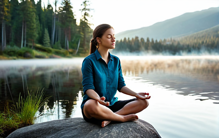 Serene Lakeside Meditation**
A young woman in comfortable, modest clothing, sits cross-legged on a smooth rock by a calm lake at sunrise, fully clothed, appropriate attire, safe for work. Mist hangs lightly over the water. She is meditating with eyes closed, a peaceful expression on her face. The background features pine trees and soft morning light. Perfect anatomy, correct proportions, natural pose, well-formed hands, proper finger count, natural body proportions. professional, modest, family-friendly, high quality, detailed, safe for work, appropriate content.
**