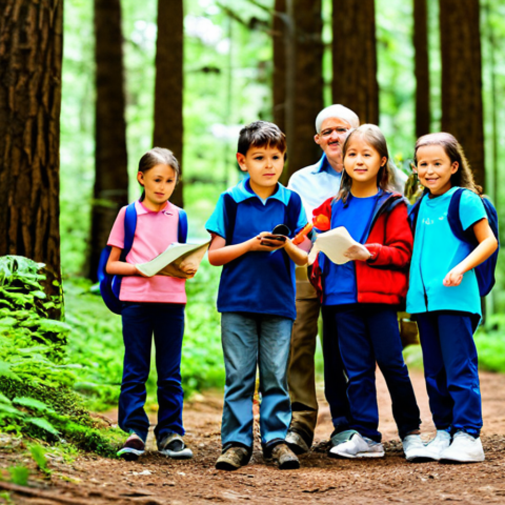 자연에서의 실습을 통한 실천적 교육 - **Prompt:** "A group of elementary school children, fully clothed in casual attire, exploring a fore...