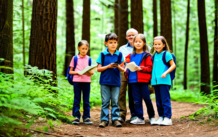 자연에서의 실습을 통한 실천적 교육 - **Prompt:** "A group of elementary school children, fully clothed in casual attire, exploring a fore...