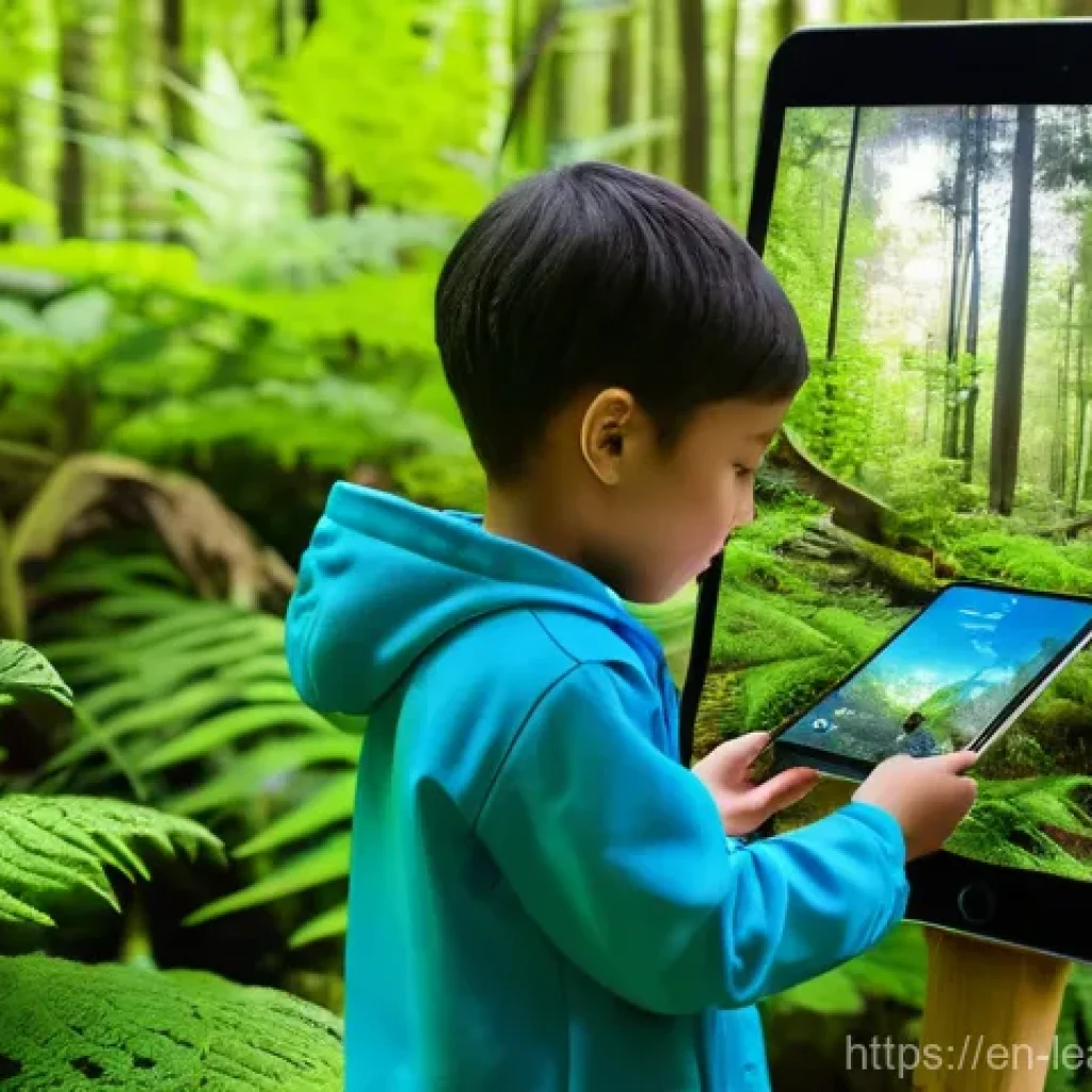 야외 교육 프로그램의 변화하는 트렌드 - **Prompt 1: Augmented Reality Nature Discovery**
"A diverse group of elementary school children,...