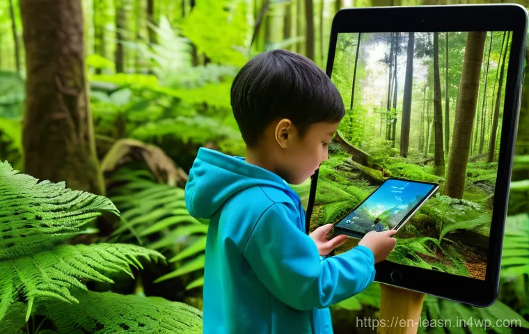 야외 교육 프로그램의 변화하는 트렌드 - **Prompt 1: Augmented Reality Nature Discovery**
    "A diverse group of elementary school children,...