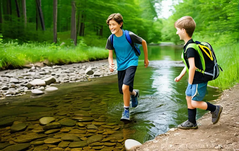학생들의 공감 능력 키우기 위한 야외 교육 - **Prompt:** A mixed-age group of children (ages 8-13) demonstrating teamwork and empathy while worki...