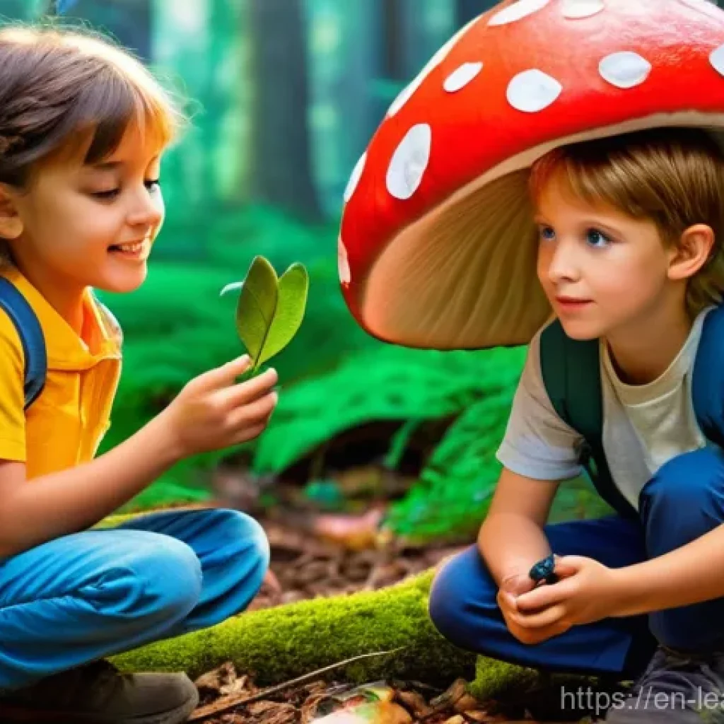 야외 교육 프로그램의 참여 유도 전략 - **Prompt:** A diverse group of four children, aged approximately 8-10, are on an enchanting "Lost Ki...