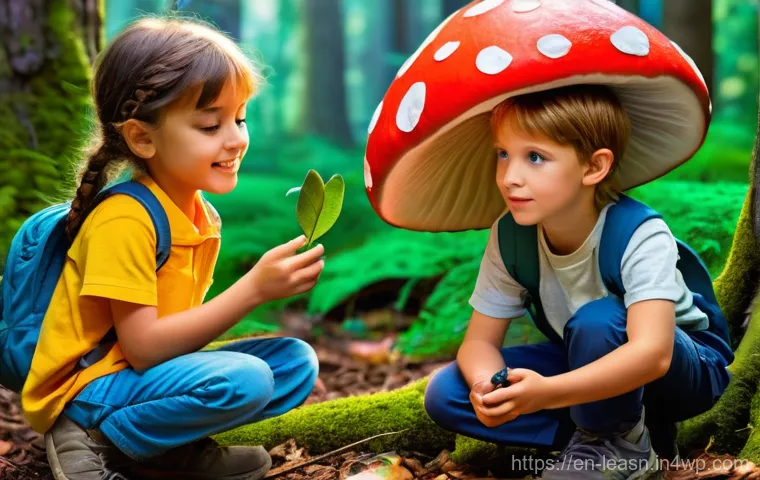야외 교육 프로그램의 참여 유도 전략 - **Prompt:** A diverse group of four children, aged approximately 8-10, are on an enchanting "Lost Ki...