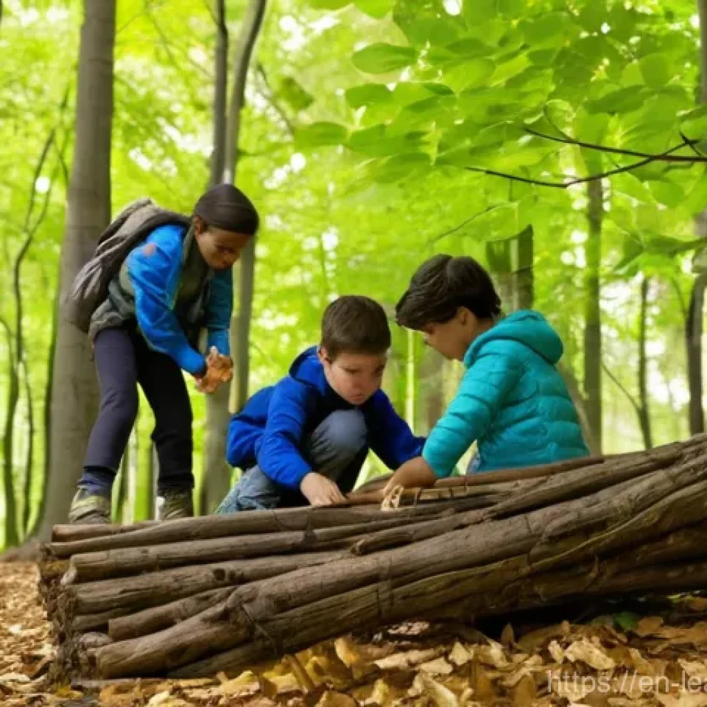 학생의 인성 교육을 위한 야외 활동 - A group of diverse children, approximately 9-12 years old, dressed in practical and modest outdoor c...