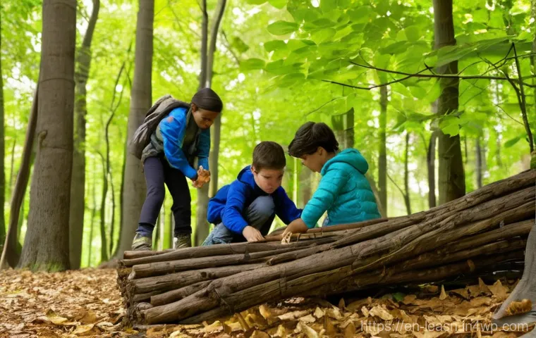 학생의 인성 교육을 위한 야외 활동 - A group of diverse children, approximately 9-12 years old, dressed in practical and modest outdoor c...