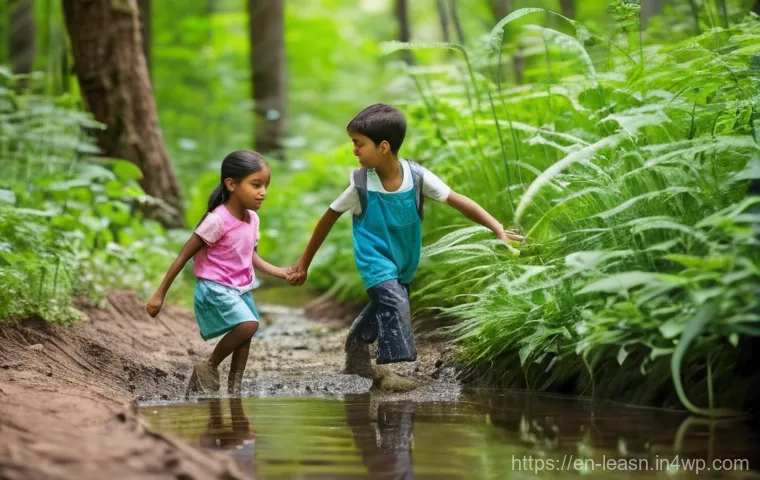 학생의 인성 교육을 위한 야외 활동 - A group of diverse children, approximately 9-12 years old, dressed in practical and modest outdoor c...