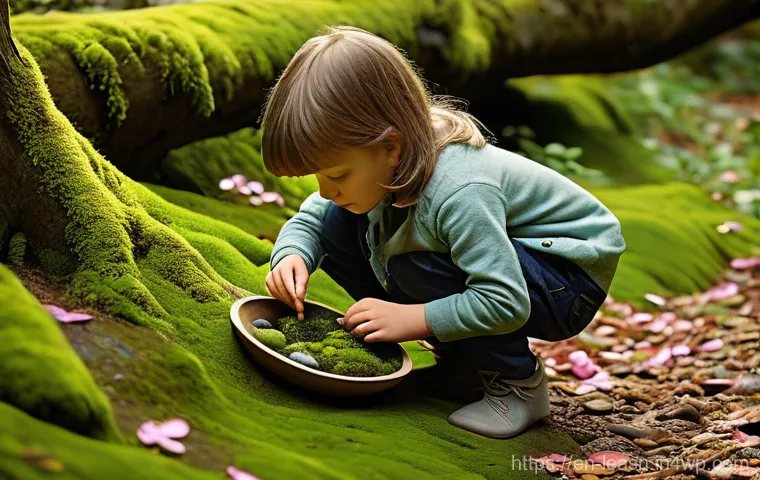 학생의 인성 교육을 위한 야외 활동 - A serene outdoor scene featuring two children, about 7-10 years old, wearing comfortable and modest ...