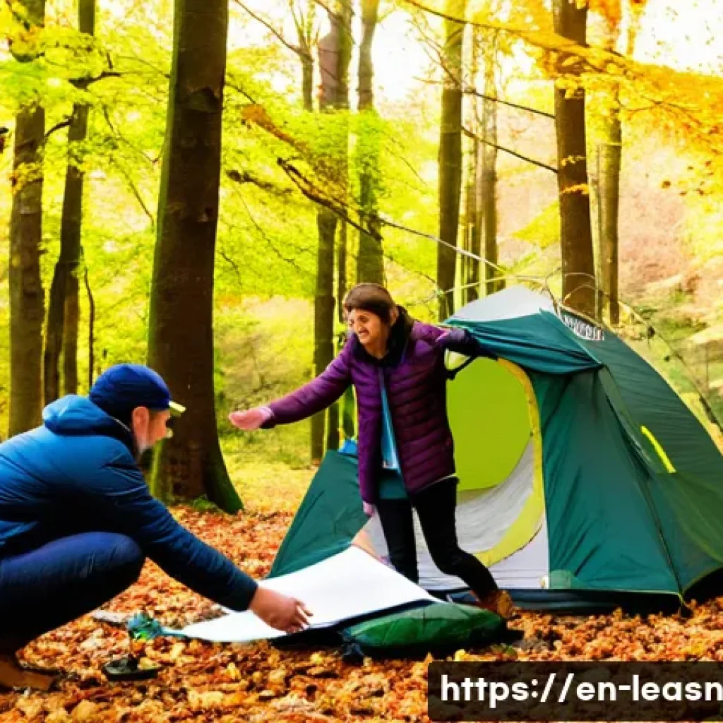 야외 교육에서 소통 능력 기르기 - **Prompt 1: Collaborative Camp Setup in a Forest Clearing**
"A diverse group of 5-6 young adults...