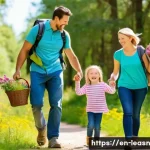 Home 22 가족과 함께하는 야외 교육 활동 - A joyful family of four on a sunny nature trail in a lush local park, young children wearing casual ...