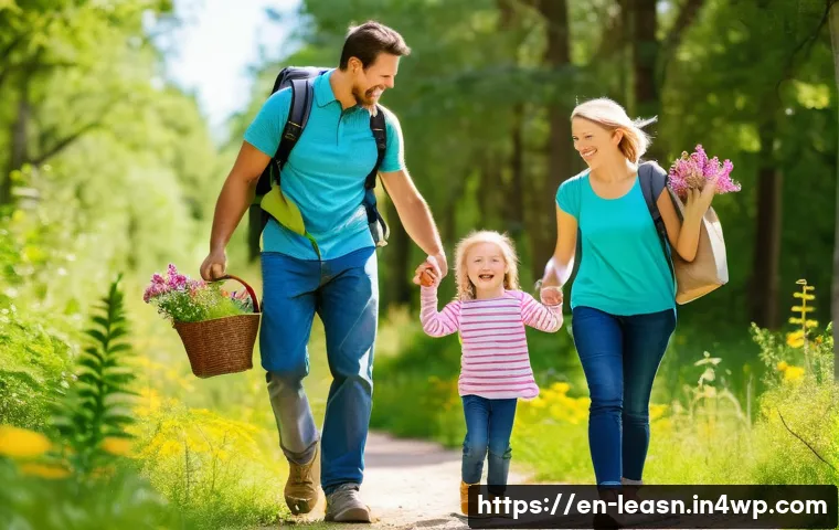 가족과 함께하는 야외 교육 활동 - A joyful family of four on a sunny nature trail in a lush local park, young children wearing casual ...