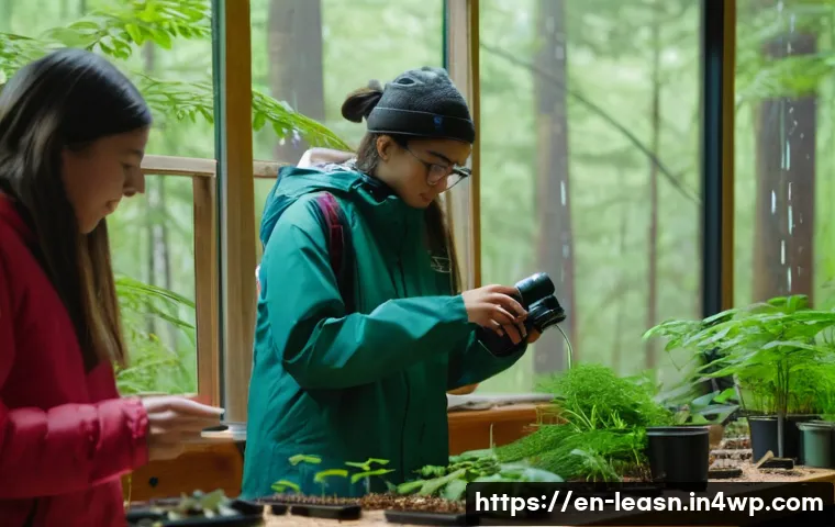 야외 교육 프로그램의 연속성 유지 방법 - An outdoor education group adapting to sudden rain during a forest hike, with participants quickly m...