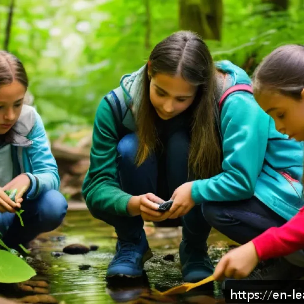 야외 교육 프로그램의 시행 절차 - A diverse group of children and teenagers wearing outdoor clothing and sturdy shoes, engaged in a ha...