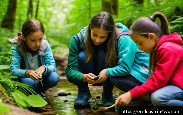 야외 교육 프로그램의 시행 절차 - A diverse group of children and teenagers wearing outdoor clothing and sturdy shoes, engaged in a ha...