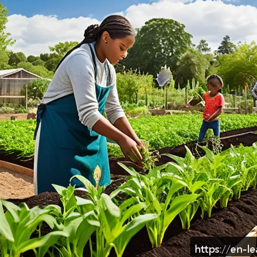 자연을 주제로 한 다문화 교육 - A vibrant multicultural community garden scene featuring diverse children and adults planting crops ...