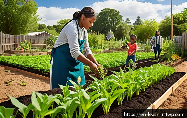 자연을 주제로 한 다문화 교육 - A vibrant multicultural community garden scene featuring diverse children and adults planting crops ...