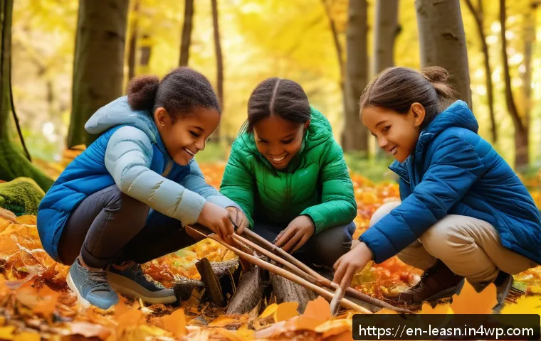 야외 교육과 정서적 지능의 발전 - A group of diverse children aged around 8-10, wearing comfortable outdoor clothing and shoes, playin...