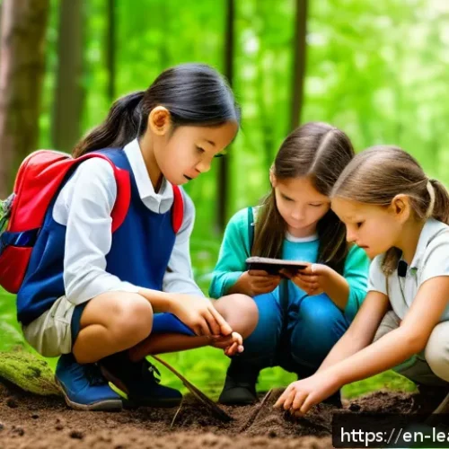 Home 17 학생 중심의 야외 교육 방법론 - A diverse group of elementary school children wearing casual outdoor clothing and sturdy shoes, enga...