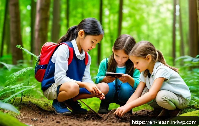 학생 중심의 야외 교육 방법론 - A diverse group of elementary school children wearing casual outdoor clothing and sturdy shoes, enga...