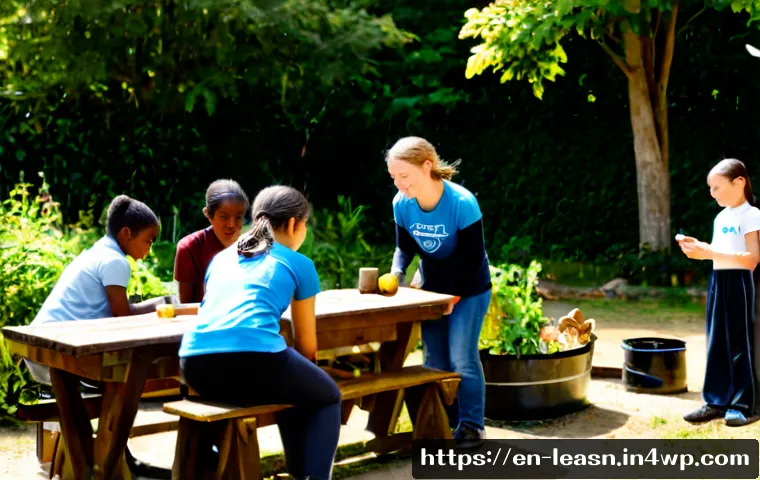 자연 속에서의 지속 가능한 개발 교육 - Photorealistic outdoor sustainability education workshop in a sunlit community garden, diverse middl...