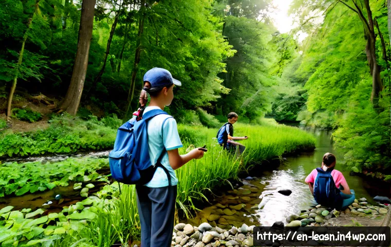 자연 보호와 야외 교육의 관계 - Photorealistic outdoor environmental education scene, a diverse group of middle-school students in c...